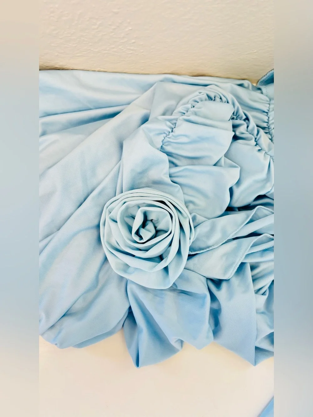 SHEIN Baby Blue One-Shoulder Ruched Mini Dress with Rosette Ruffle NWT - Picture 14 of 16
